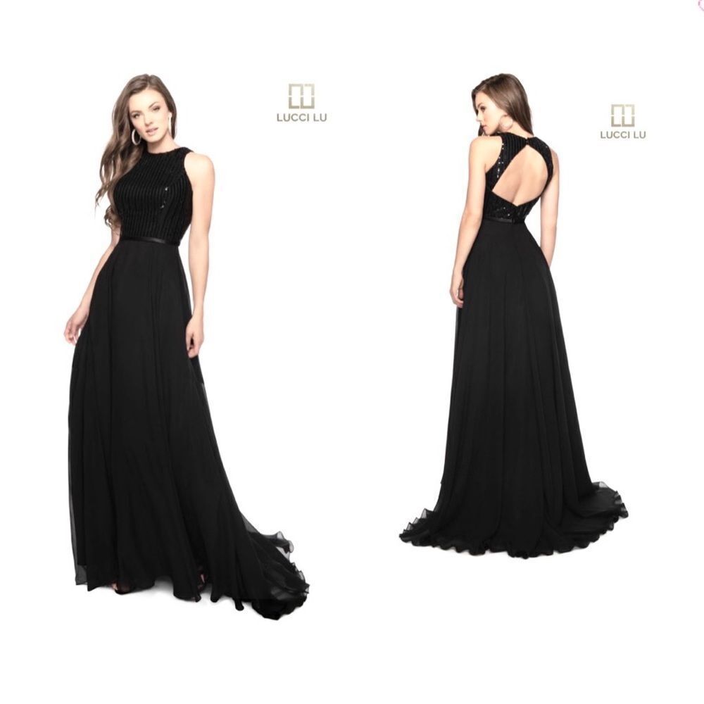 NEW! Lucci Lu Style 28072 black sequins chiffon cutout back maxi gown dress 4